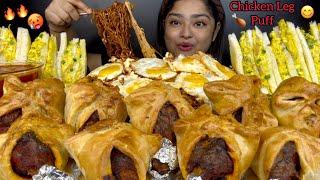 CHICKEN LEG PUFF WITH CHICKEN EGG MAYO SANDWICHES & SPICY BLACKBEAN NOODLES WITH CHEESE CORN EGGS