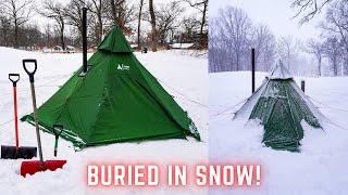 Hot Tent Winter Camping in Snow Storm | First Hot Tent Overnighter in Snow Storm