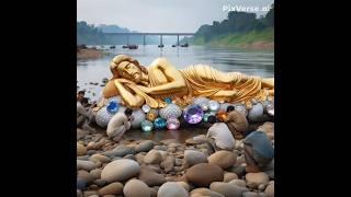 Jesus Christ sleeping in the middle of the river among pearls and diamonds wakes up and walks alive