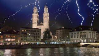 Zurich Lightning ️ Storm ️ Night Walk Heavy Rain ️ 4K Walking Tour Summer Switzerland