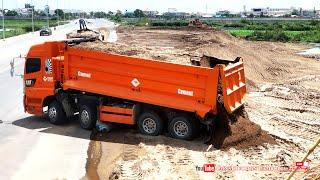 Amazing New Dump Truck Dumping Sand, Shantui Dozer pushing sand, wheel loader filling for foundation