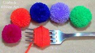 Super Easy Pom Pom Making Ideas with Fork - Hand Embroidery Amazing Trick- Easy Woolen Flower Making