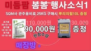 미듬팜 봄봄 행사소식입니다. SQM사 관주용비료25kg 초기용.중기용.후기용 방문구매시 뿌리의힘 10L 증정 한정수량