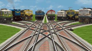 EIGHT RAIL TRAINS RUNNING ON️ CROSS BRANCHED RAILROAD TRACKS | Train game | trains crossing