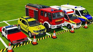 TRANSPORTING POLICE, AMBULANCE, TESLA, CHEVROLET CARS & VOLKSWAGEN POLICE ! Farming Simulator 22