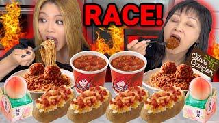 RACE! OLIVE GARDEN VS WENDY'S EATING COMPETITION + VIRAL PEACH ICE CREAMS 먹방