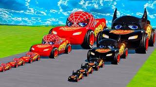 Big & Small SPIDERMAN McQueen vs Big & Small BATMAN McQueen vs Thomas Trains | BeamNG.drive