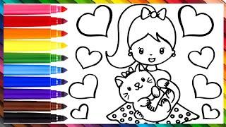 Girl With a Kitten Drawing, Coloring, Painting For Kids & Toddlers || How to Draw Girl