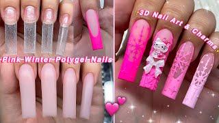 PINK WINTER POLYGEL NAILS EASY POLYGEL APPLICATION & 3D NAIL ART CHARMS DESIGN! | Nail Tutorial