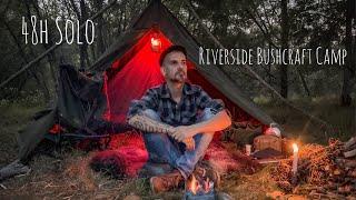 48h Solo Riverside Bushcraft Camp / Lavvu, LK-35, Cooking, Candleholder, Mountain Panorama, ASMR