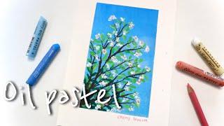 Drawing cherry blossom landscape with oil pastel 오일파스텔로 간단한 벚꽃 나무 풍경화 그리기 | 봄 풍경화 | 오일파스텔 초보