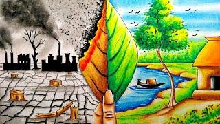 global warming drawing / environment day drawing/save environment poster/pollution drawing easy