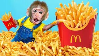 KiKi Monkey perform French Fries Potatoes, Fast Food cooking skill to mukbang | KUDO ANIMAL KIKI