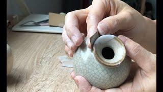 一對清代仿哥釉水盂的修復效果Restoring a Pair of Ge Ware Water Basins from the Qing Dynasty