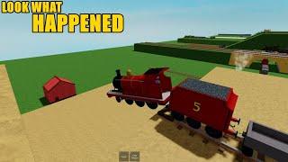James is racing way too fast, loses control, and crashes spectacularly into the barn!