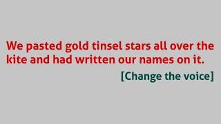 We pasted gold tinsel stars all over the kite and had written our names on it. [ Change the voice ]