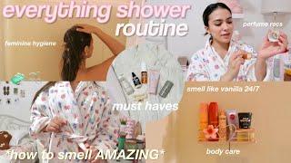 my EVERYTHING shower routine 🫧 tips to smell good all day, vanilla body care, feminine hygiene