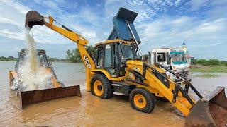 Washing with Fun JCB 3dx Eco | Kirlosker JCB Backhoe and Tata Truck Washing in Village Pond