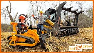 Clearing rotten trees with kids ride on bulldozer and forestry skid steer. Educational | Kid Crew