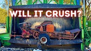 Will it CRUSH? Antique Hay Baler vs Car Crusher! (Smashing Vintage Farm Equipment)