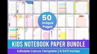 Kids Notebook Paper KDP Interior | Designs Bundle | Canva Templates | Editable Canva