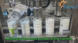 #Automatic dual head plastic can #powder filling machine, #Protein powder bottle filler equipment