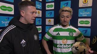 Daizen Maeda and Callum McGregor react to Celtic's win over Raith Rovers