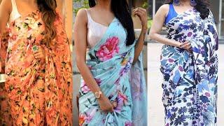 Latest Floral Saree Designs, Beautiful floral print chiffon sarees design ideas,Smooth Floral Sarees