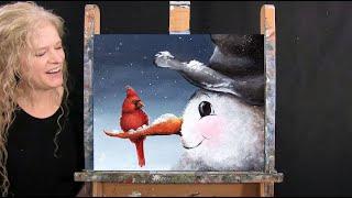 Learn How to Paint "CARDINAL AND SNOWMAN" with Acrylic Paint - Paint and Sip at Home - Easy Painting