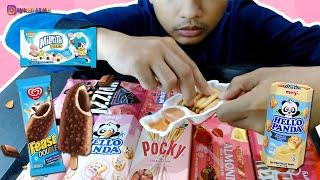 ASMR PINK FOOD FEATURING BLUE FOOD: TANGO WAFER, HELLO PANDA, MILKITA BITES, ICE CREAM FEAST DOUBLE