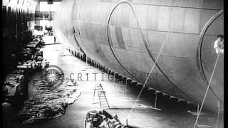 French technicians assembling a dirigible during World War I HD Stock Footage