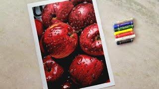 Oil Pastel Drawing - How to draw realistic apples | Step by step