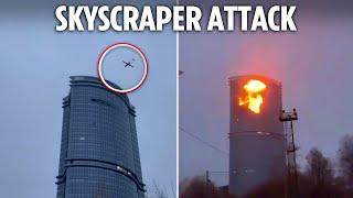 Moment plane drones hit Russian tower blocks in mass attack triggering giant explosions