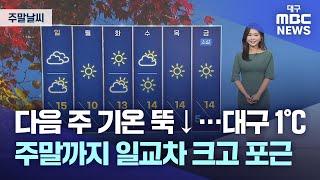 [주말 날씨] 다음 주 기온 뚝↓···대구 1℃ 주말까지 일교차 크고 포근 | 대구MBC뉴스