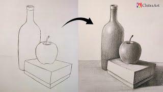 Still Life Drawing Step By Step | How To Draw 3D Objects with Pencil Shading | Apple Drawing Sketch