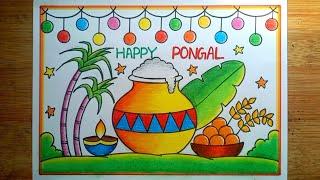 Happy Pongal Drawing Easy/Pongal Festival Drawing/How To Draw Pongal Poster Drawing Easy