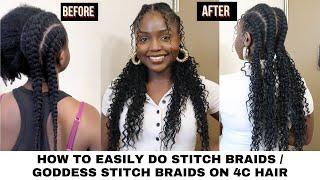 Easiest way to do stitch braids on natural hair, Goddess stitch braids on 4c hair ft HotBraids