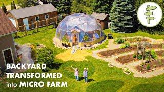 Couple Growing Food *Year Round* in a Backyard Permaculture Micro Farm with Geodesic Dome Greenhouse