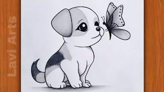 Easy Pencil Drawing Ideas 2024, How To Draw A Cute Dog and butterfly Step By Step, Easy Drawings