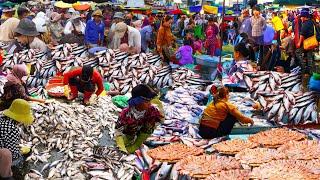 Massive supplies of vegetables, fruits, fish & meat, Cambodian food market scenes