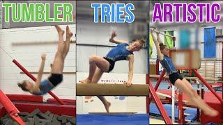 POWERTUMBLER TRIES ARTISTIC GYMNASTICS??? learning skills on bars and beam challenge | PolinaTumbles