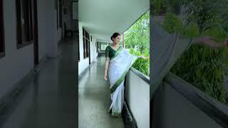 Banarasee Handloom Mirror Work Dupion Saree With Contrast Border-White & Green