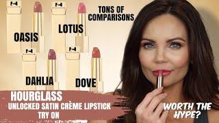 HOURGLASS UNLOCKED SATIN CREME LIPSTICKS TRY ON | SHADES OASIS, DOVE, LOTUS & DAHLIA | COMPARISONS