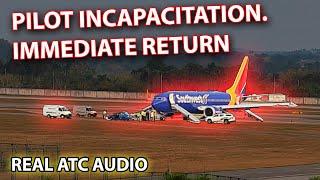 PILOT INCAPACITATED. Off-duty pilot helps to land Southwest B737. REAL ATC