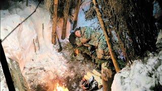 Shelter for survival in the forest using the root of a fallen tree. Winter bushcraft camping.