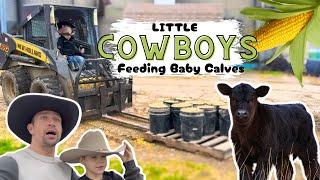 Little Cowboys Feed Baby Calves! FARMING/COW/CHILDREN LEARN/EXCAVATOR/CORN/BARN/TRACTOR