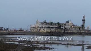 Haji Ali Dargah exposed at low tide in Mumbai