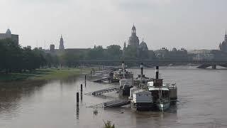 Blick am 17.9.2024 von der Albertbrücke auf das vom Hochwasser überschwemmte Dresden