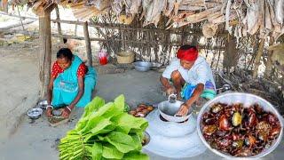 CRAB CURRY with PALONG SHAK and brinjal vorta cooking & eating by santali tribe old couple