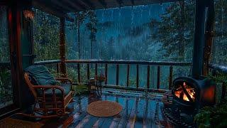 Heavy Rain & Thunder in Hidden Porch Inside the Forest - Rain and Fireplace Sounds for Sleep, Relax